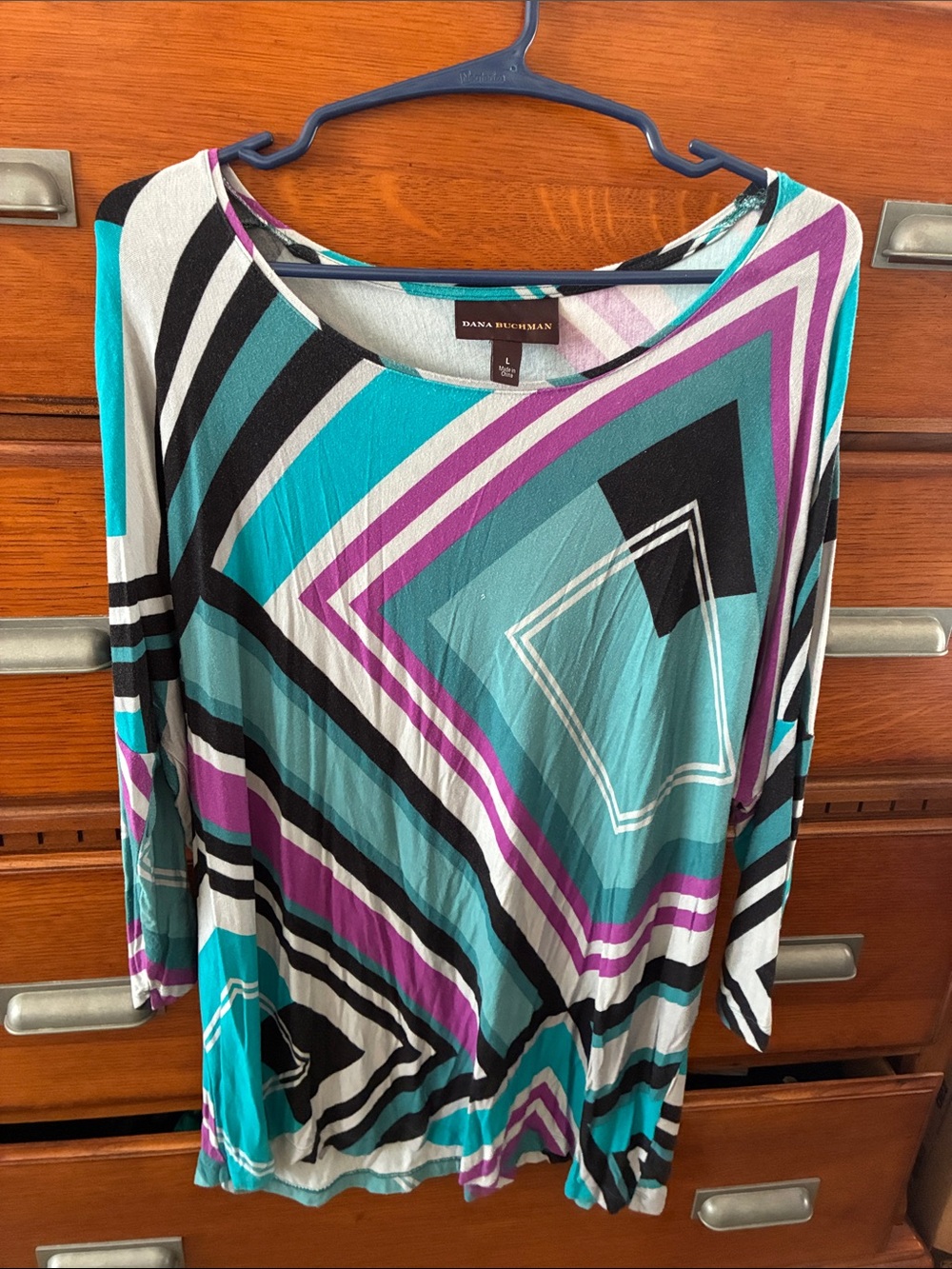 Dana Buchman Teal, Purple & Black Geometric Scoop Neck Top